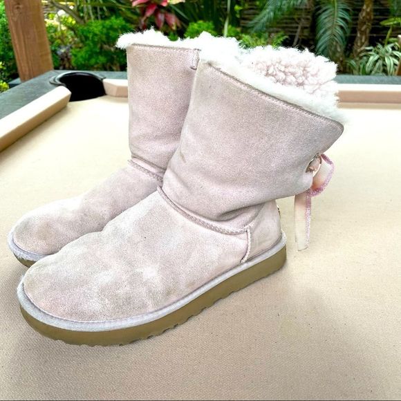 UGG Shoes - UGG soft pink Bailey or Metro short authentic boots  pink ribbon & pewter tags